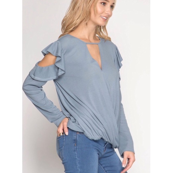 🆕 Misty Blue ruffled L/S cold shoulder top - Picture 2 of 4